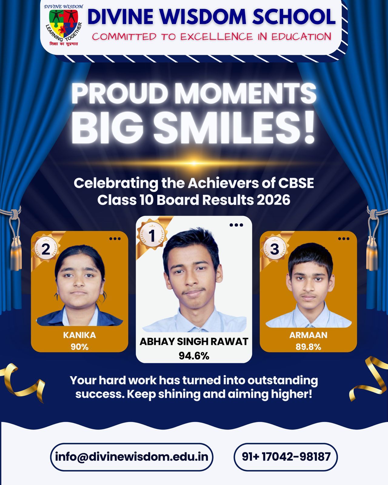 डिवाइन विज़डम स्कूल में दसवीं कक्षा का परिणाम रहा उत्कृष्ट